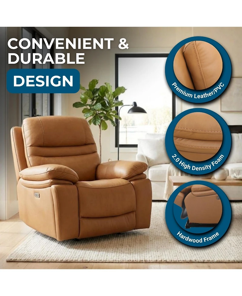 Heartland Furniture Leather Power Recliner Chair, Top Grain Upholstery, Usb and Usb-c, 360 lb Support