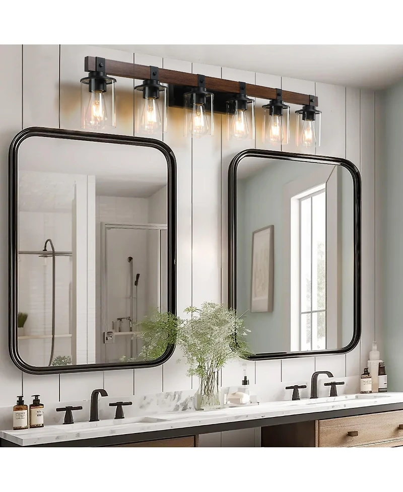 Busdays 42 Inch Rustic 6 Light Vanity Light Industrial Bathroom Wall Sconce with Glass Shades Wood Accent Modern Farmhouse Lighting Fixture No Bulbs