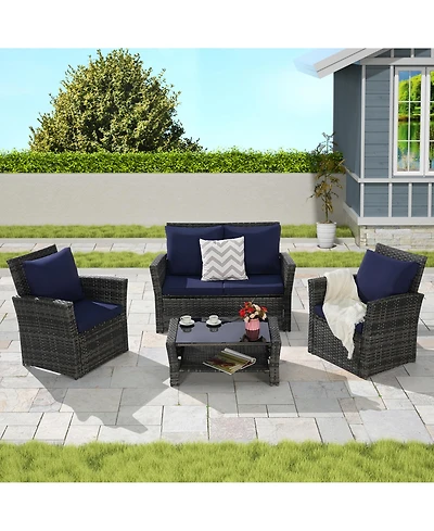 Clihome 4-Piece Outdoor Patio Furniture Set - Rattan Conversation Seating with Tempered Glass Coffee Table, All-Weather Pe Wicker Set