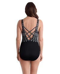 Longitude Women's Tribal Nights Double X-Back Tank Long Torso One-Piece Swimsuit