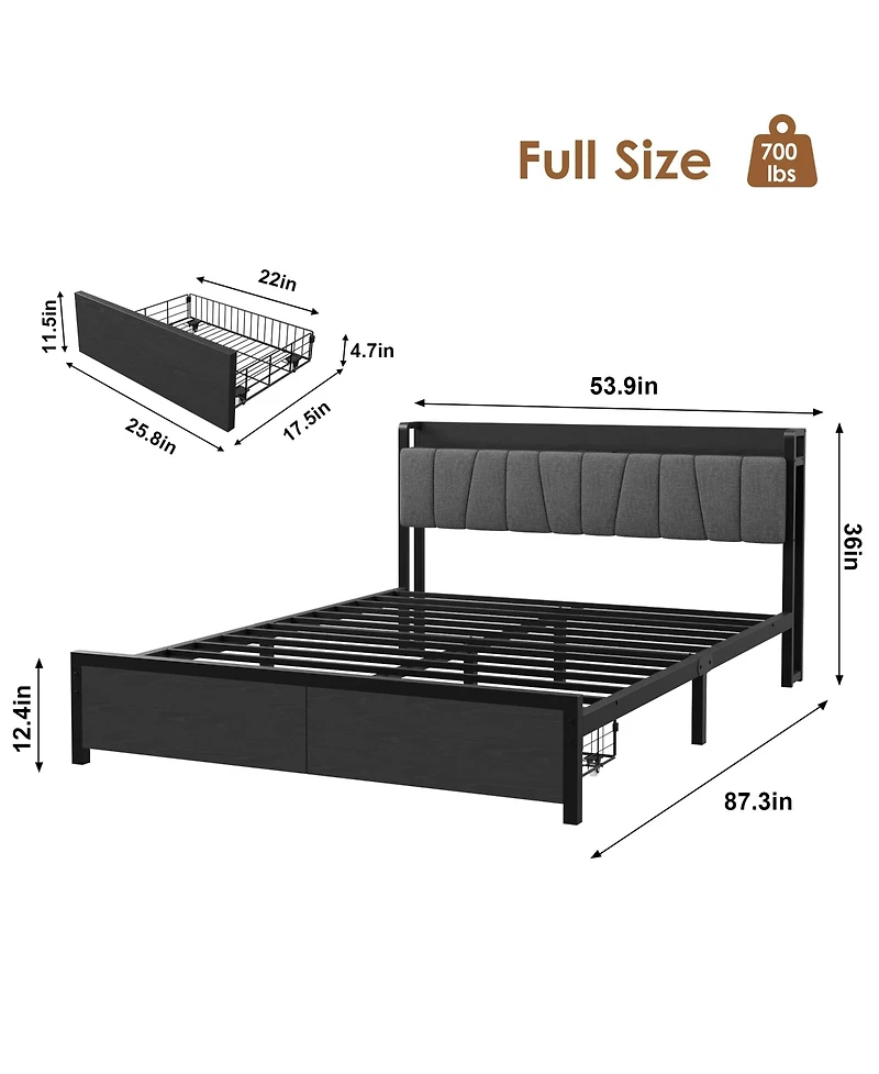 homfan Bed Frame with Storage Headboard, Platform Bed with Large Drawer and Charging Station