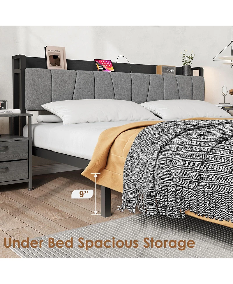 homfan Bed Frame with Storage Headboard, Platform Bed with Large Drawer and Charging Station