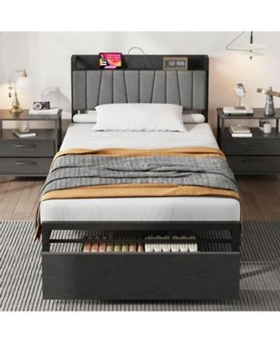 Homfan Bed Frame With Storage Headboard Platform Bed With Large Drawer Charging Station Industrial No Box Spring Needed