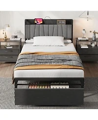 Homfan Bed Frame With Storage Headboard Platform Bed With Large Drawer Charging Station Industrial No Box Spring Needed
