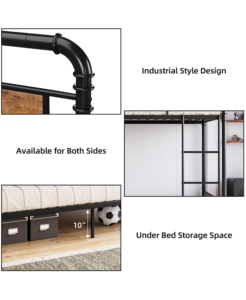 homfan Twin Over Metal Bunk Bed, Converts to 2 Single Beds, Detachable Ladder and Guardrails, Industrial Style with Board Accents