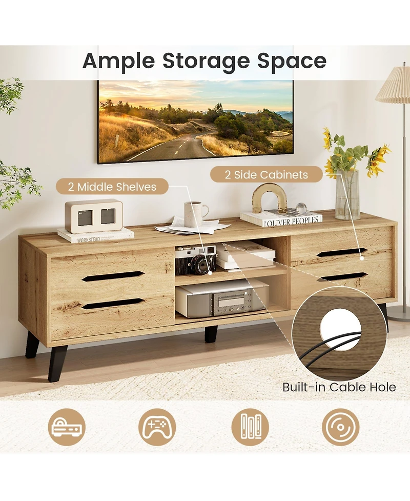 Gymax Tv Stand w/Sliding Doors Storage Shelves Cable Hole Support Legs for 65inch TVs