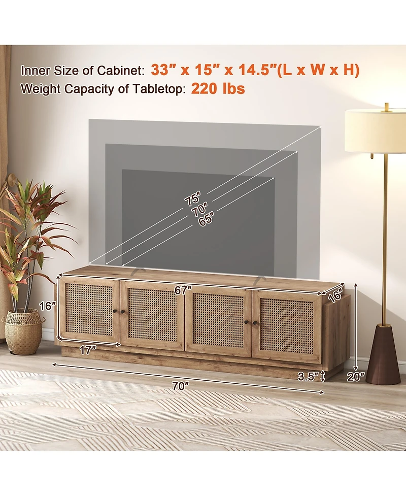 Gymax 4-Door Pe Rattan Media Console Table Farmhouse Tv Stand for TVs