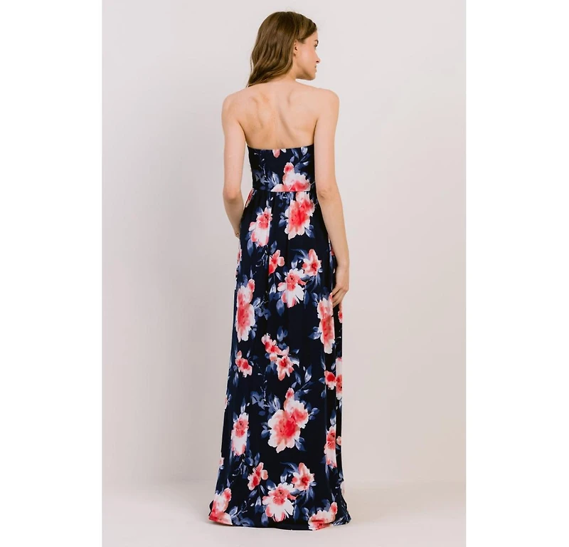 Hello Miz Maternity Strapless Empire Waist Floral Maxi Dress with Side Pockets