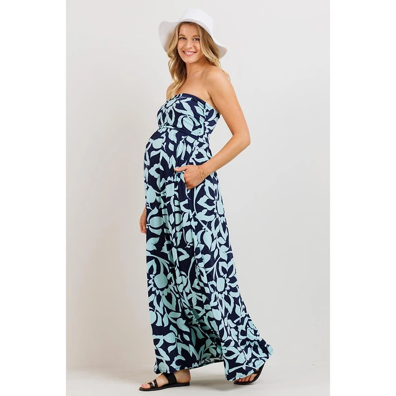 Hello Miz Maternity Floral Strapless Empire Waist Maxi Dress with Side Pockets