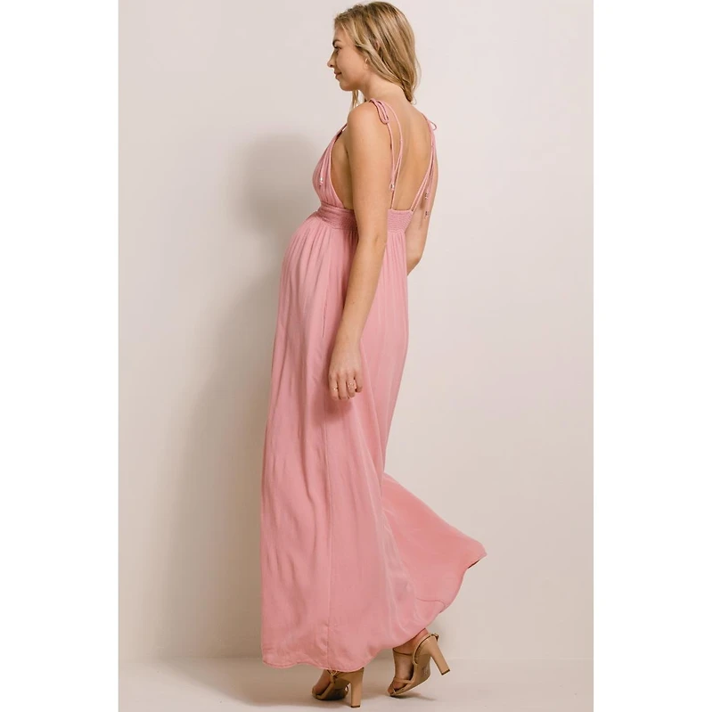 Hello Miz Maternity V-Neck Tie Strap Empire Waist Maxi Dress with Pockets
