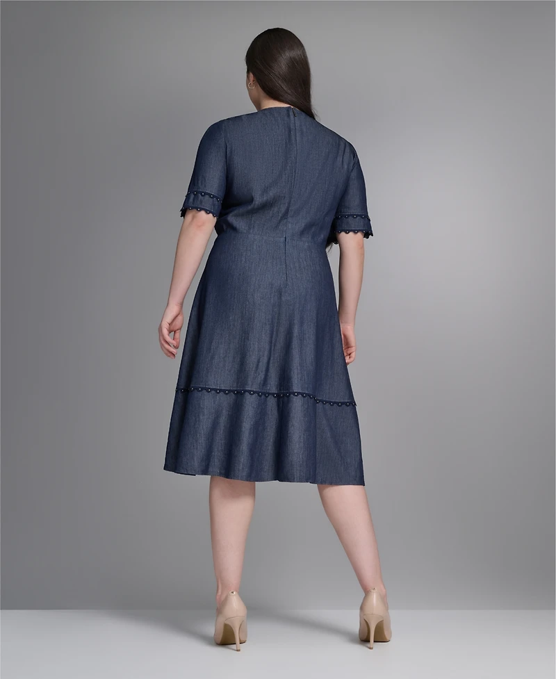 Karl Lagerfeld Paris Plus Rayon-Blend Chambray V-Neck Dress