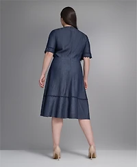 Karl Lagerfeld Paris Plus Rayon-Blend Chambray V-Neck Dress