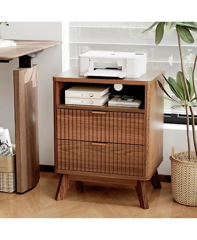 homfan Set of 2 Modern Fluted Bedside Tables, Usb and Ac Power Outlets, Drawers Open Shelf, Sturdy Wooden Legs, Accent Furniture for Bedroom