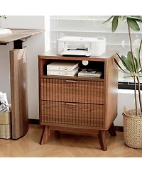 homfan Set of 2 Modern Fluted Bedside Tables, Usb and Ac Power Outlets, Drawers Open Shelf, Sturdy Wooden Legs, Accent Furniture for Bedroom
