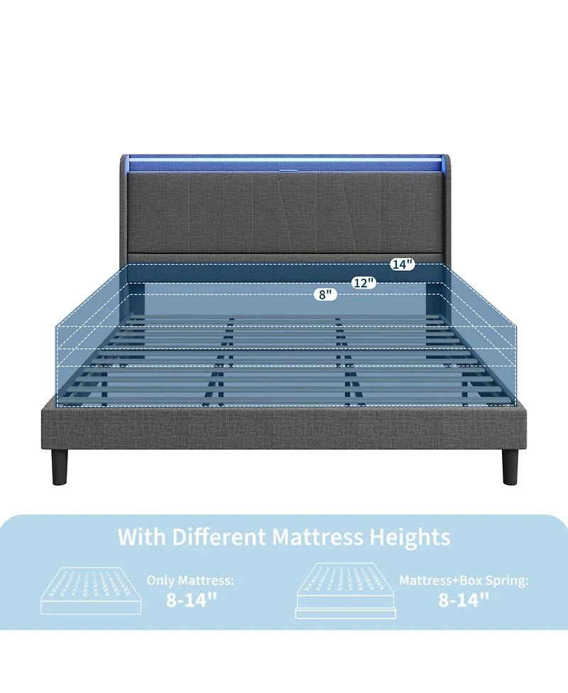 homfan Upholstered Platform Bed with App-Controlled Rgb Led Lighting and Built-In Charging Ports