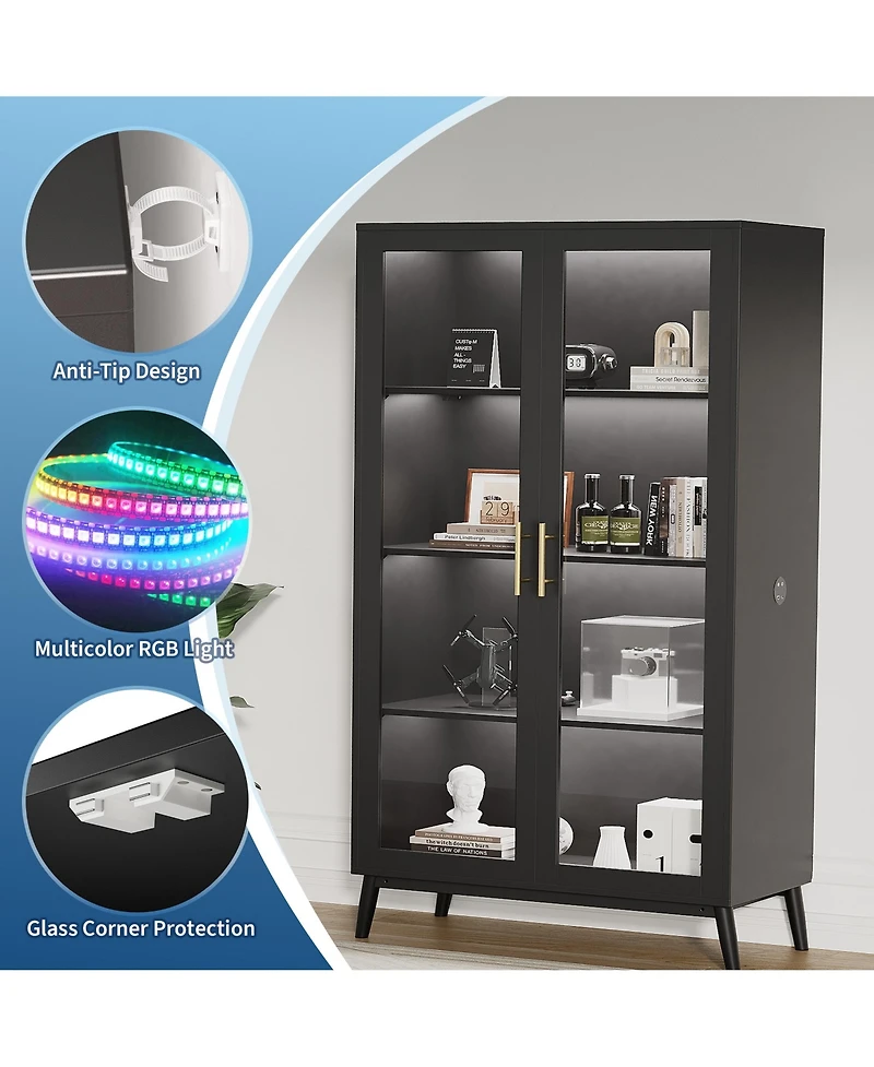 homfan Glass Door Display Cabinet with Motion Sensor Led Lighting, Integrated Usb Power Port and Open Shelving Secure Anti Tip Storage Showcase