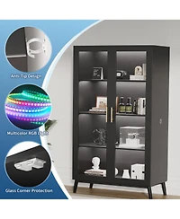 homfan Glass Door Display Cabinet with Motion Sensor Led Lighting, Integrated Usb Power Port and Open Shelving Secure Anti Tip Storage Showcase