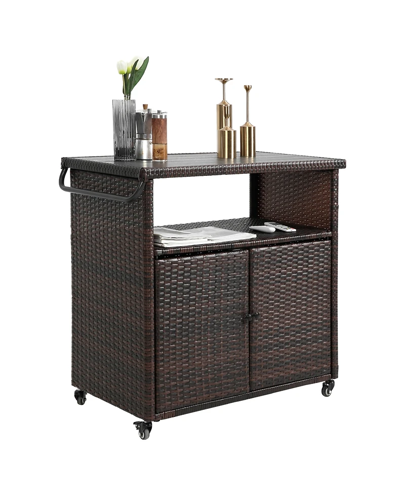 flynama Outdoor Wicker Bar Cart with Plastic Wood Top