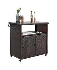 flynama Outdoor Wicker Bar Cart with Plastic Wood Top