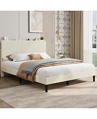 homfan Corduroy Upholstered Platform Bed Frame with Usb Charging Station, Adjustable Storage Headboard