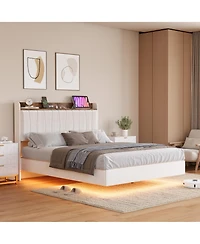 homfan Floating Platform Bed Frame with Led Lights, Charging Station and Storage Headboard, Upholstered Bed