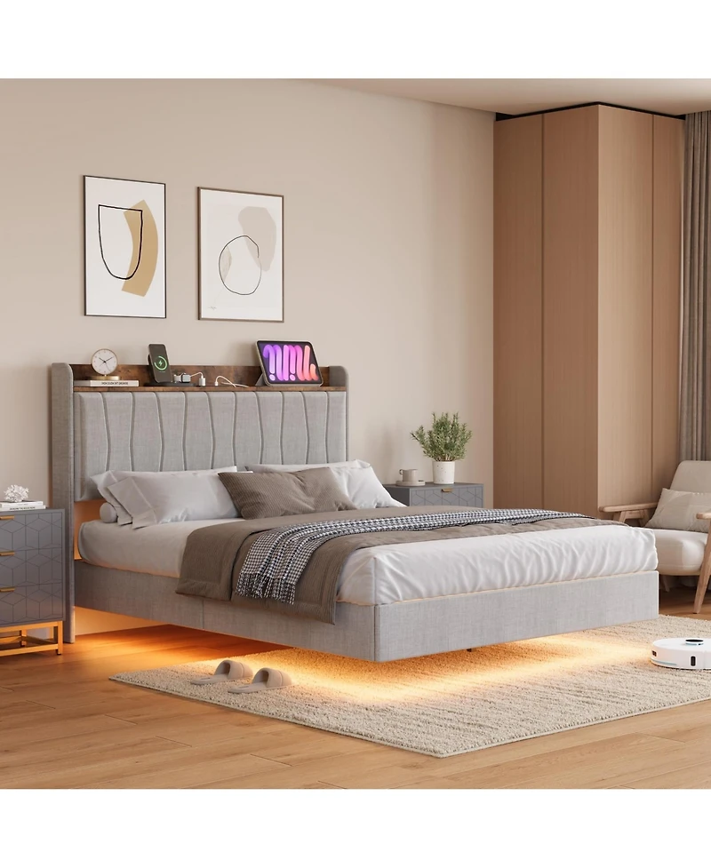 homfan Floating Platform Bed Frame with Led Lights, Charging Station and Storage Headboard, Upholstered Bed
