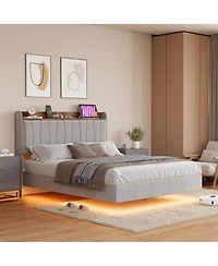 homfan Floating Platform Bed Frame with Led Lights, Charging Station and Storage Headboard, Upholstered Bed