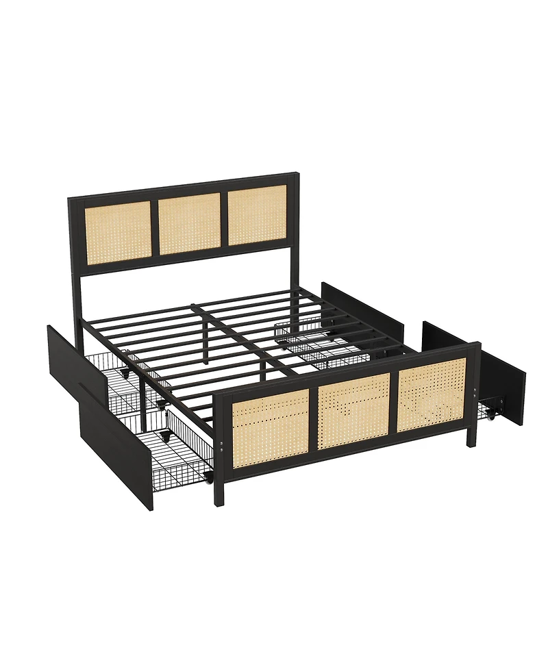 homfan Rattan Platform Bed Frame with Led Headboard and 4 Drawers