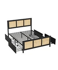 homfan Rattan Platform Bed Frame with Led Headboard and 4 Drawers