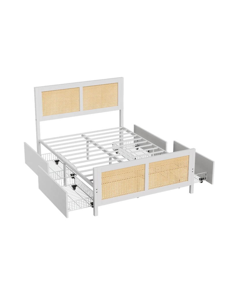 homfan Rattan Platform Bed Frame with Led Headboard and 4 Drawers