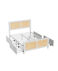 homfan Rattan Platform Bed Frame with Led Headboard and 4 Drawers
