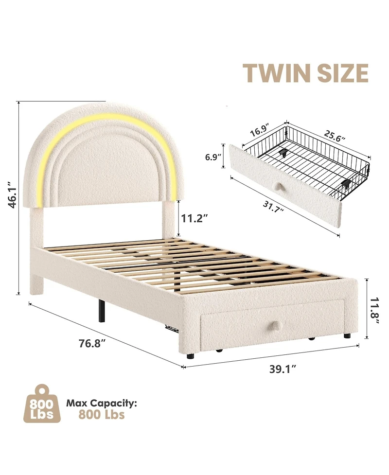 homfan Upholstered Kids Bed Frame with Led Rainbow Headboard and Storage Drawer, Wood Slats, No Box Spring Needed