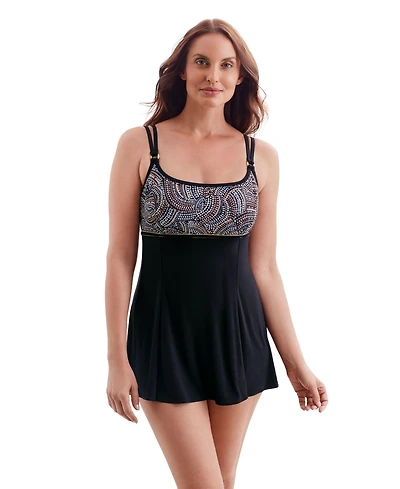 Longitude Women's Gilded Garden Empire Princess Seam Long Torso Swim Dress with Hardware