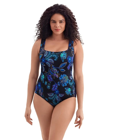 Longitude Women's Majorelle Garden Butterfly X-Back Tank Long Torso One-Piece Swimsuit
