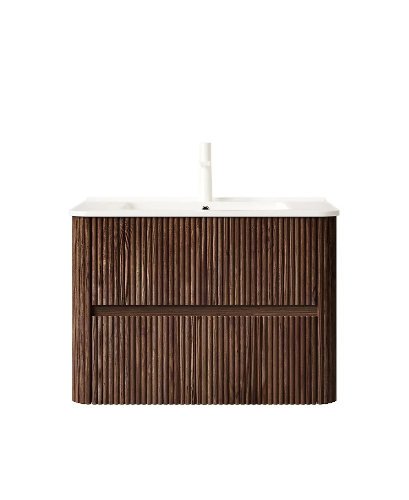 Thirtypeachy 30" Retro Walnut Modern Floating Bathroom Vanity, Ceramic Sink with 2 Drawers, Pre-assembled Plywood Cabinet