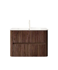 Thirtypeachy 30" Retro Walnut Modern Floating Bathroom Vanity, Ceramic Sink with 2 Drawers, Pre-assembled Plywood Cabinet