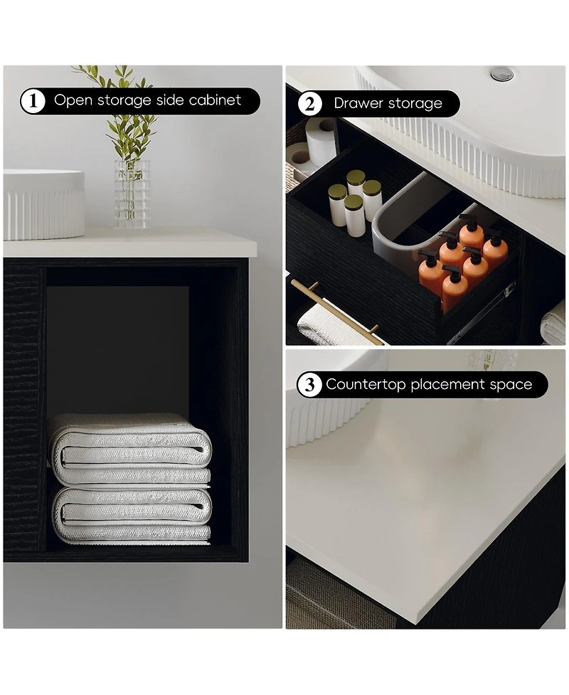 Thirtypeachy Modern Solid Wood Floating Bathroom Vanity, Single Sink Oval Ceramic Sink, Soft-Close Drawers Open Shelf