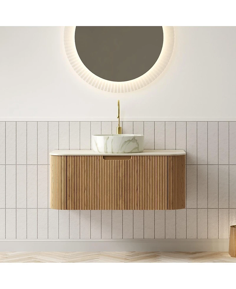 Sillysis Wall Mounted Bathroom Vanity with Sintered Stone Top, Round Ceramic Sink, Wood Grain Drawer