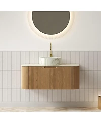 Sillysis Wall Mounted Bathroom Vanity with Sintered Stone Top, Round Ceramic Sink, Wood Grain Drawer