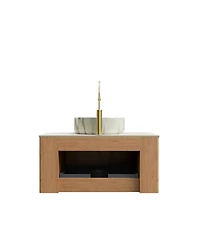 Sillysis Wall Mounted Bathroom Vanity with Sintered Stone Top, Round Ceramic Sink, Wood Grain Drawer