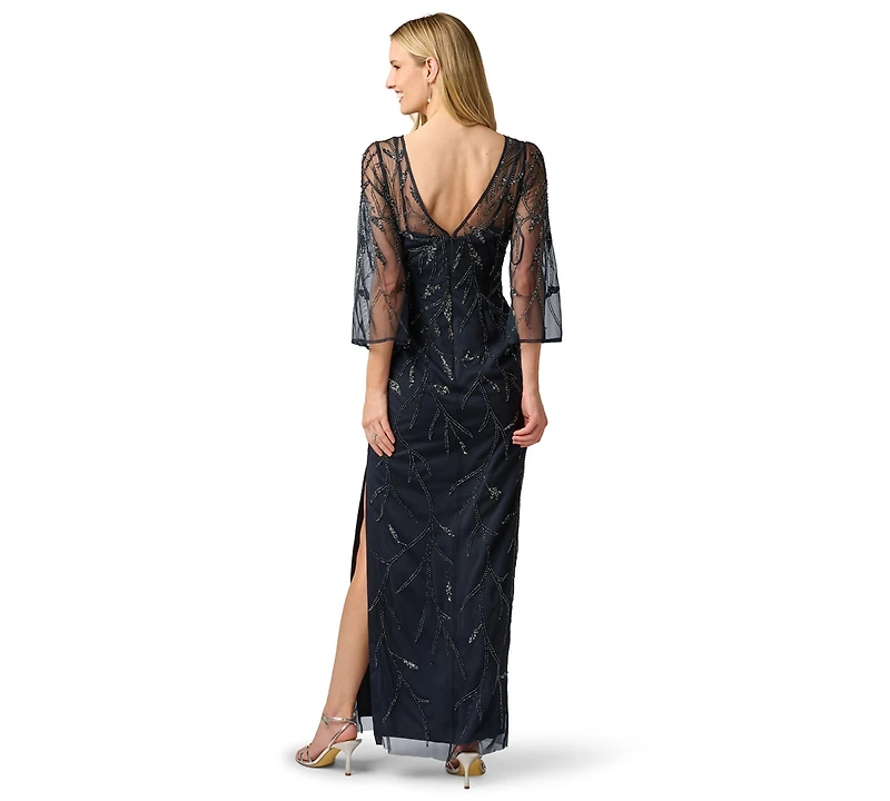 Adrianna Papell Women's Bead Mesh Illusion Boat Neck Gown