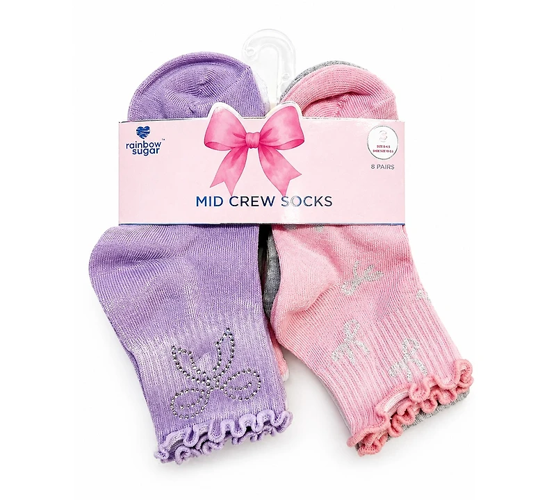 Rainbow Sugar Girls' 4-8.5 Mid Crew Socks, 8-Pack