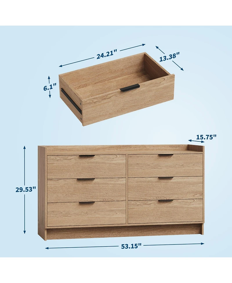 homfan 52.5" Wide Fluted 6-Drawer Dresser, Modern Wooden Storage Cabinet, Multi-Function Organizer and Tv Stand for Bedroom, Living Room, Hallway