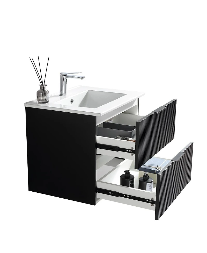 Thirtypeachy Floating Vanity With Ceramic Sink, Fluted Wall-Mount Cabinet, 2 Drawers U-Shaped Cutout
