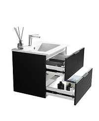 Thirtypeachy Floating Vanity With Ceramic Sink, Fluted Wall-Mount Cabinet, 2 Drawers U-Shaped Cutout