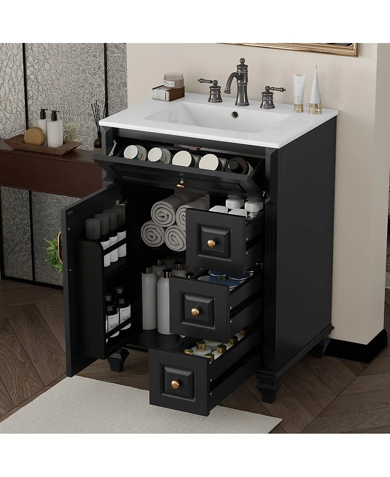 Thirtypeachy Freestanding Vanity With Ceramic Sink, Solid Wood and Mdf Cabinet, Flip-Out Drawer 3 Drawers