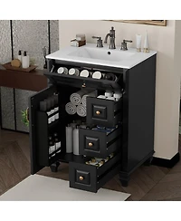 Thirtypeachy Freestanding Vanity With Ceramic Sink, Solid Wood and Mdf Cabinet, Flip-Out Drawer 3 Drawers