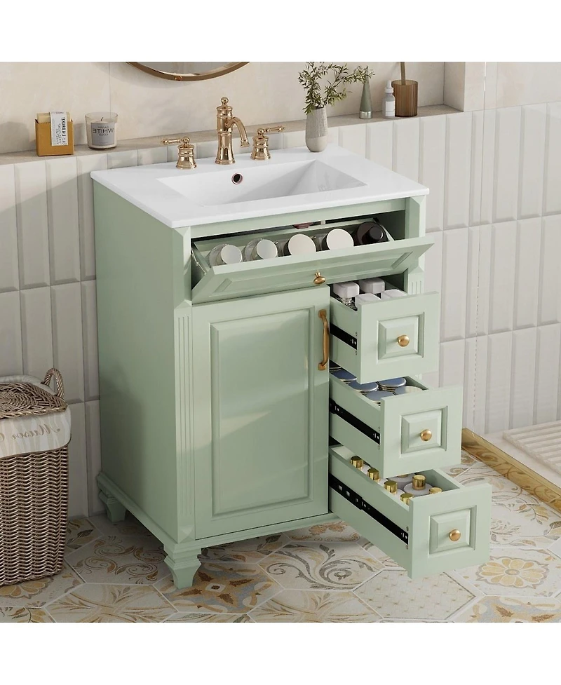 Thirtypeachy Freestanding Vanity With Ceramic Sink, Solid Wood and Mdf Cabinet, Flip-Out Drawer 3 Drawers