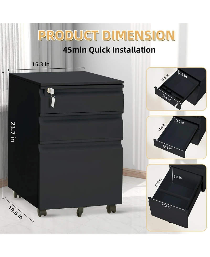 gaomon Filing Cabinets for Home Office Organizer, 3 Drawer Mobile File Cabinet with Lock and Anti-Tip Wheel,Under Desk Metal