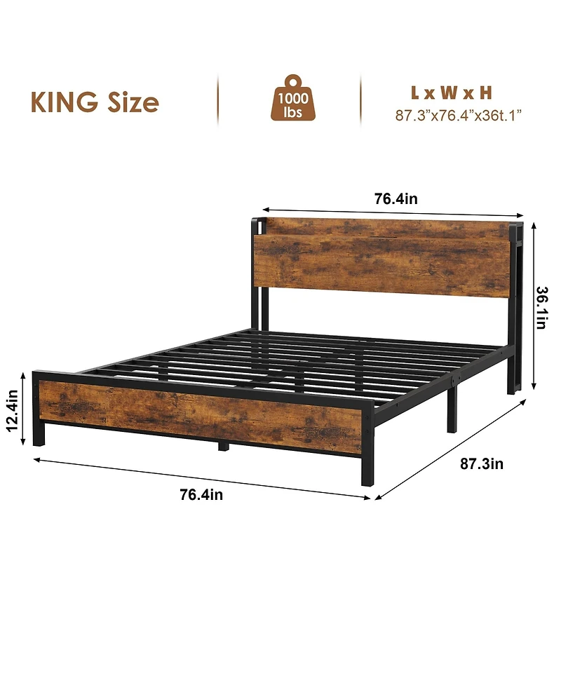 homfan Platform Bed Frame with Charging Station, Usb and Ac Outlets, Metal Slats, Wood Headboard and Footboard, No Box Spring Needed